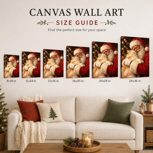 Vintage Christmas Canvas Wall Art, Santa and Cat Canvas Prints, alternate view 6