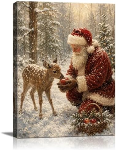 Vintage Christmas Canvas Wall Art, Santa and Reindeer Canvas Prints
