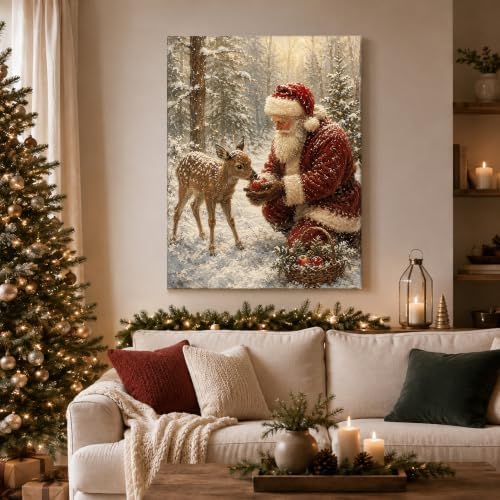 Vintage Christmas Canvas Wall Art, Santa and Reindeer Canvas Prints, alternate view 2
