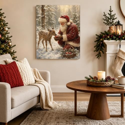 Vintage Christmas Canvas Wall Art, Santa and Reindeer Canvas Prints, alternate view 3