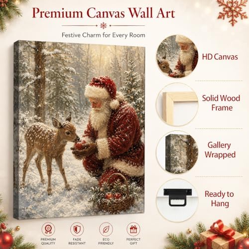 Vintage Christmas Canvas Wall Art, Santa and Reindeer Canvas Prints, alternate view 5