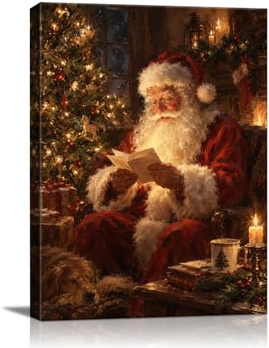 Vintage Christmas Canvas Wall Art, Santa Claus Reading Canvas Prints