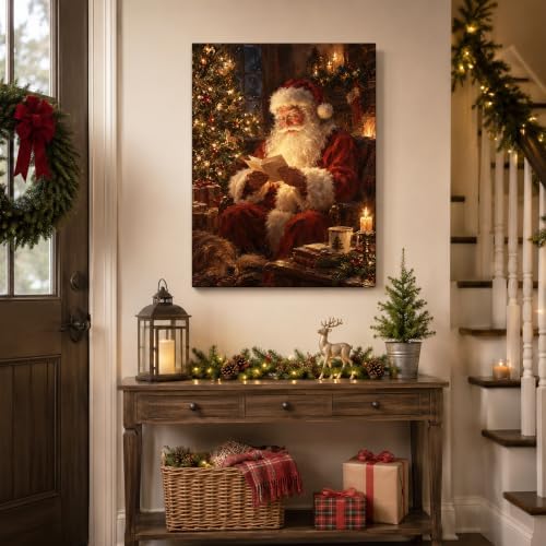 Vintage Christmas Canvas Wall Art, Santa Claus Reading Canvas Prints, alternate view 4