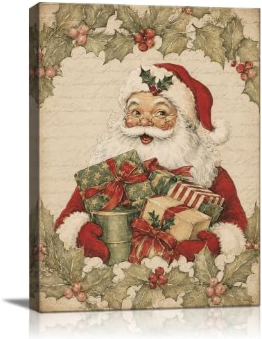 Vintage Christmas Canvas Wall Art, Santa Holding Gift Boxes Canvas Prints
