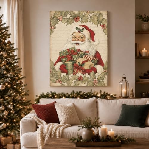 Vintage Christmas Canvas Wall Art, Santa Holding Gift Boxes Canvas Prints, alternate view 2