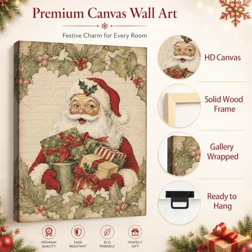 Vintage Christmas Canvas Wall Art, Santa Holding Gift Boxes Canvas Prints, alternate view 5