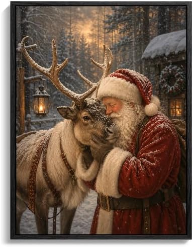 Vintage Christmas Framed Wall Art, Santa and Reindeer Canvas Pictures