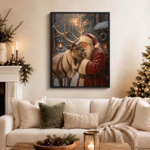 Vintage Christmas Framed Wall Art, Santa and Reindeer Canvas Pictures, alternate view 2