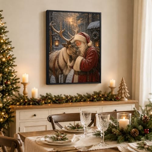 Vintage Christmas Framed Wall Art, Santa and Reindeer Canvas Pictures, alternate view 4