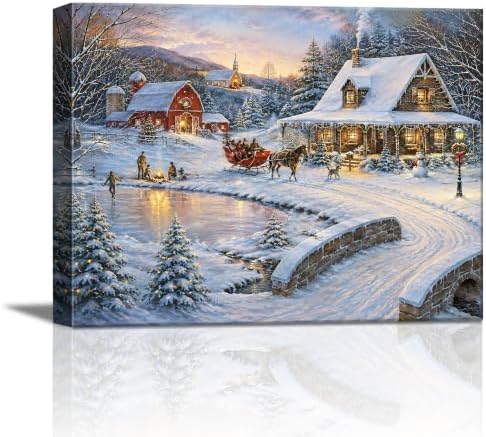 Vintage Christmas Sleigh Canvas Wall Art, Rustic Farm Scene Canvas Prints