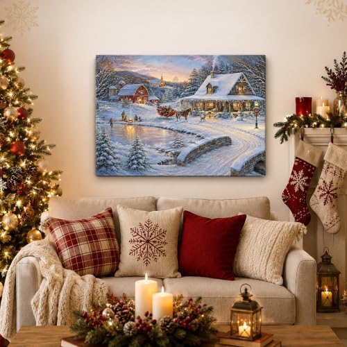 Vintage Christmas Sleigh Canvas Wall Art, Rustic Farm Scene Canvas Prints, alternate view 2