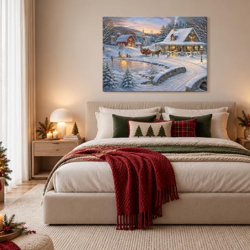 Vintage Christmas Sleigh Canvas Wall Art, Rustic Farm Scene Canvas Prints, alternate view 3