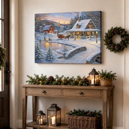 Vintage Christmas Sleigh Canvas Wall Art, Rustic Farm Scene Canvas Prints, alternate view 4