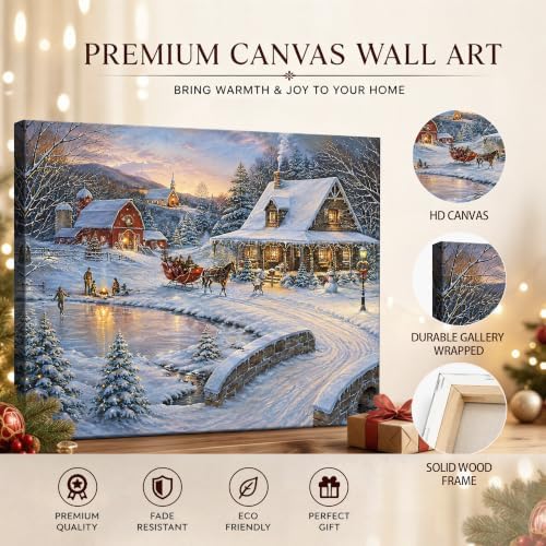 Vintage Christmas Sleigh Canvas Wall Art, Rustic Farm Scene Canvas Prints, alternate view 5
