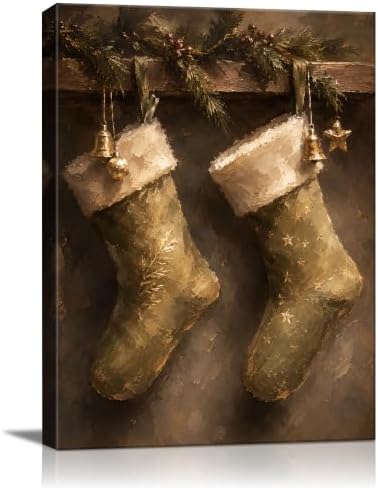 Vintage Christmas Stockings Canvas Wall Art, Rustic Christmas Canvas Prints