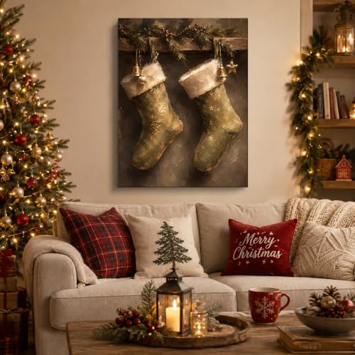 Vintage Christmas Stockings Canvas Wall Art, Rustic Christmas Canvas Prints, alternate view 2