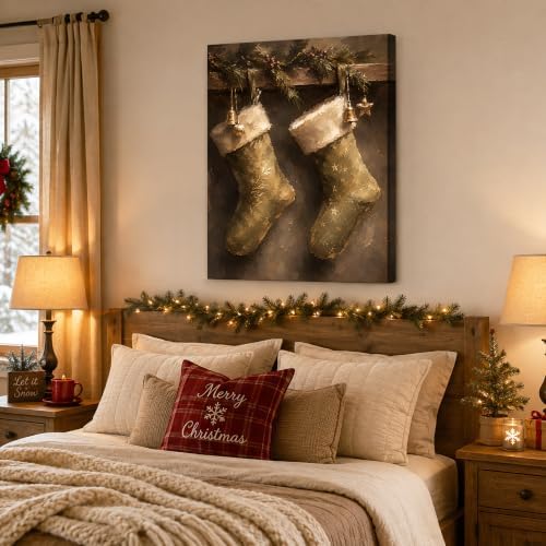 Vintage Christmas Stockings Canvas Wall Art, Rustic Christmas Canvas Prints, alternate view 3