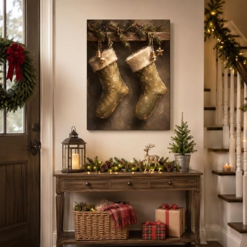 Vintage Christmas Stockings Canvas Wall Art, Rustic Christmas Canvas Prints, alternate view 4