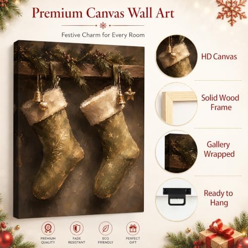 Vintage Christmas Stockings Canvas Wall Art, Rustic Christmas Canvas Prints, alternate view 5