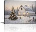 Vintage Christmas Tree Canvas Wall Art, White Barn Christmas Canvas Prints