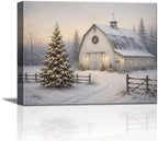 Vintage Christmas Tree Canvas Wall Art, White Barn Christmas Canvas Prints