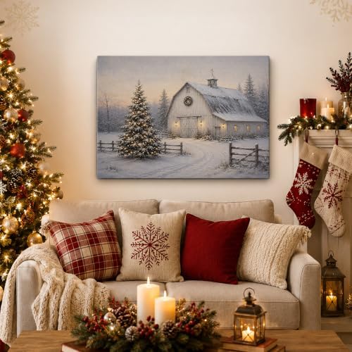 Vintage Christmas Tree Canvas Wall Art, White Barn Christmas Canvas Prints, alternate view 2