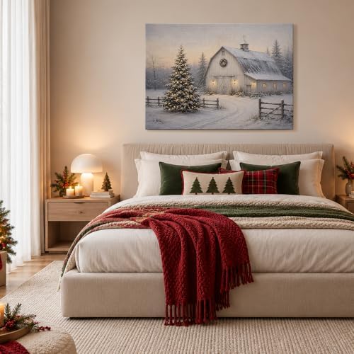 Vintage Christmas Tree Canvas Wall Art, White Barn Christmas Canvas Prints, alternate view 3