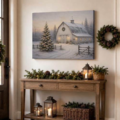 Vintage Christmas Tree Canvas Wall Art, White Barn Christmas Canvas Prints, alternate view 4