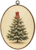 Vintage Christmas Tree Red Bow Oval Wall Art, Rustic Holiday Christmas Tree Framed Canvas Prints Wall Art