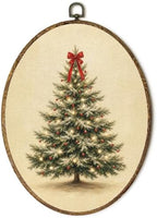 Vintage Christmas Tree Red Bow Oval Wall Art, Rustic Holiday Christmas Tree Framed Canvas Prints Wall Art
