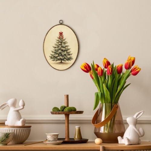Vintage Christmas Tree Red Bow Oval Wall Art, Rustic Holiday Christmas Tree Framed Canvas Prints Wall Art, alternate view 3