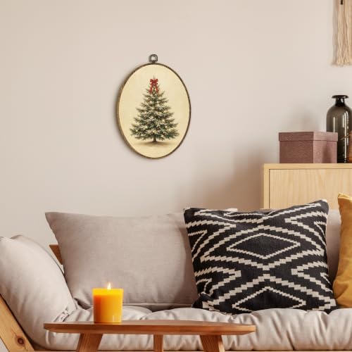 Vintage Christmas Tree Red Bow Oval Wall Art, Rustic Holiday Christmas Tree Framed Canvas Prints Wall Art, alternate view 6