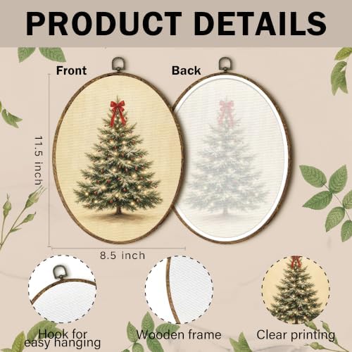 Vintage Christmas Tree Red Bow Oval Wall Art, Rustic Holiday Christmas Tree Framed Canvas Prints Wall Art, alternate view 7