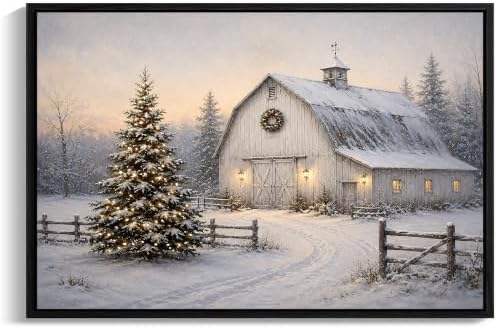 Vintage Framed Christmas Tree Wall Art, White Barn Christmas Canvas Prints