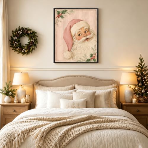 Vintage Framed Christmas Wall Art, Pink Santa Claus Canvas Pictures, alternate view 3