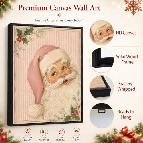 Vintage Framed Christmas Wall Art, Pink Santa Claus Canvas Pictures, alternate view 5