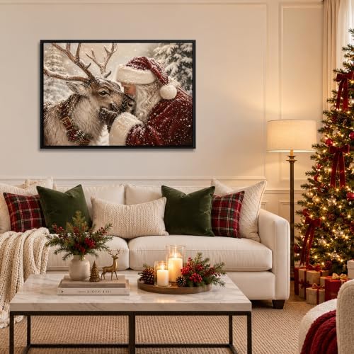 Vintage Framed Christmas Wall Art, Santa and Reindeer Canvas Pictures, alternate view 2