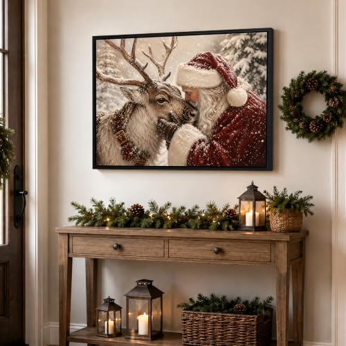 Vintage Framed Christmas Wall Art, Santa and Reindeer Canvas Pictures, alternate view 4