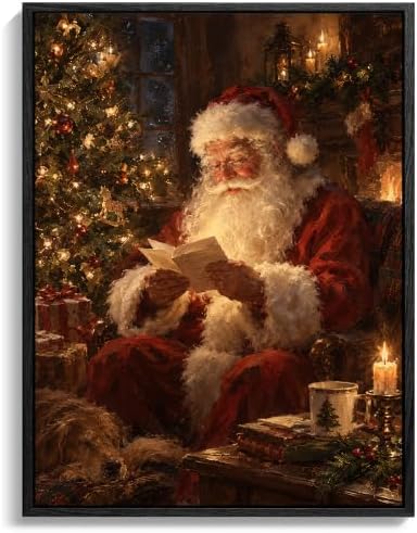 Vintage Framed Christmas Wall Art, Santa Claus Reading Canvas Pictures