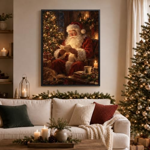 Vintage Framed Christmas Wall Art, Santa Claus Reading Canvas Pictures, alternate view 2