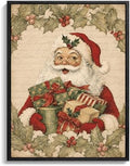 Vintage Framed Christmas Wall Art, Santa Holding Gift Boxes Canvas Pictures