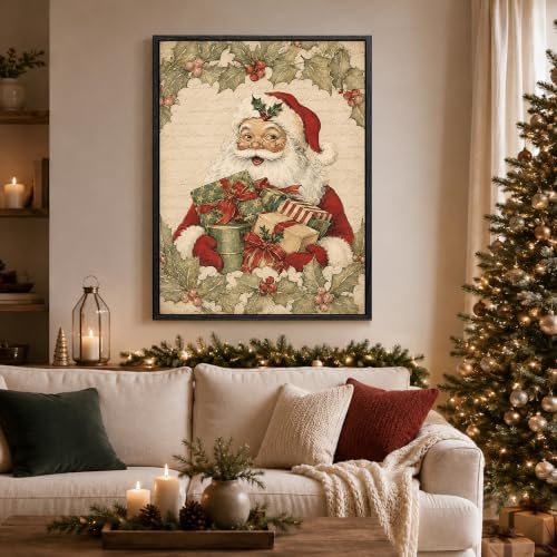 Vintage Framed Christmas Wall Art, Santa Holding Gift Boxes Canvas Pictures, alternate view 2