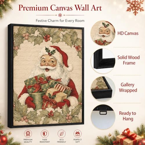 Vintage Framed Christmas Wall Art, Santa Holding Gift Boxes Canvas Pictures, alternate view 5