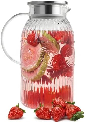 Vintage Glass Pitcher with Lid, 101oz/ 3 Liter Water Pitcher with Handle for Fridge Heat Resistant Borosilicate