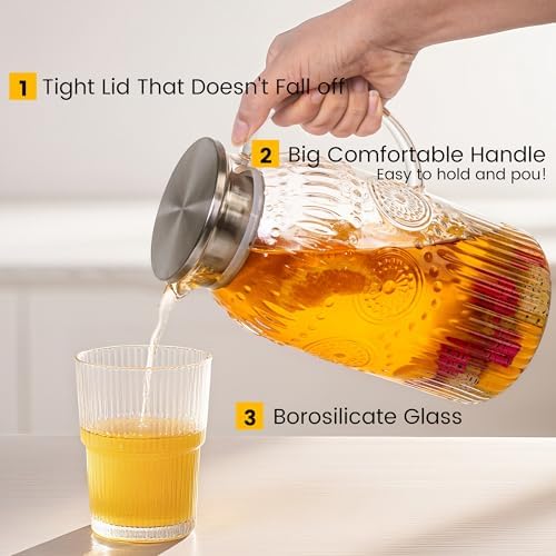 Vintage Glass Pitcher with Lid, 101oz/ 3 Liter Water Pitcher with Handle for Fridge Heat Resistant Borosilicate, alternate