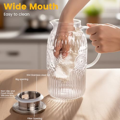 Vintage Glass Pitcher with Lid, 101oz/ 3 Liter Water Pitcher with Handle for Fridge Heat Resistant Borosilicate, alternate