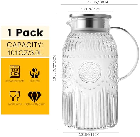Vintage Glass Pitcher with Lid, 101oz/ 3 Liter Water Pitcher with Handle for Fridge Heat Resistant Borosilicate, alternate