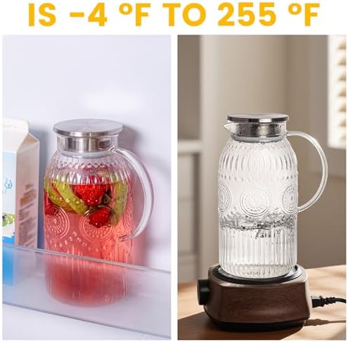 Vintage Glass Pitcher with Lid, 101oz/ 3 Liter Water Pitcher with Handle for Fridge Heat Resistant Borosilicate, alternate