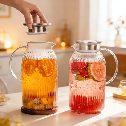 Vintage Glass Pitcher with Lid, 101oz/ 3 Liter Water Pitcher with Handle for Fridge Heat Resistant Borosilicate, alternate