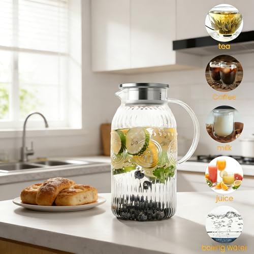 Vintage Glass Pitcher with Lid, 101oz/ 3 Liter Water Pitcher with Handle for Fridge Heat Resistant Borosilicate, alternate